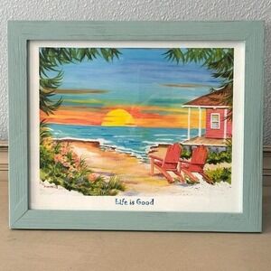 Donna Elias "Life is Good" Coastal Beach Sunset Blue Framed Watercolor Art Print